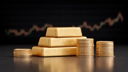 Shiny Gold Bars and Coins Arranged Elegantly on Reflective Surface with Soft Focus Background and Rich Textures for Financial Themes