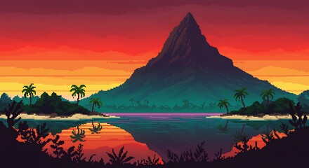 Pixel Art Tropical Island Scenery with Mountain and Orange Sunset Sky