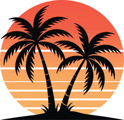 Two palm trees silhouette tropical sunset background circular gradient striped beach design