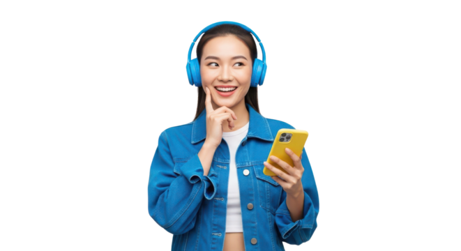 Smiling young Asian woman listening to music with blue headphones and yellow smartphone isolated PNG with Transparent Background