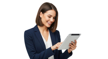 Professional woman smiling while working on a digital tablet computer isolated PNG with Transparent Background