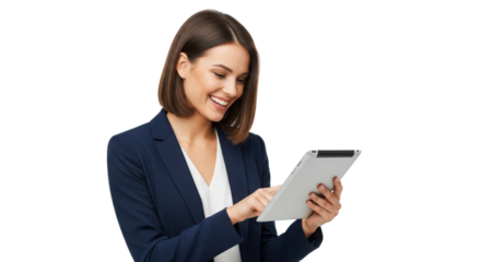 Professional woman smiling while working on a digital tablet computer isolated PNG with Transparent Background