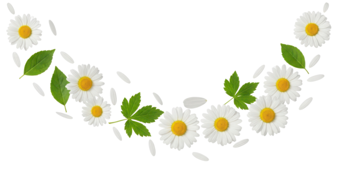 Fresh daisy and chamomile flowers arranged in a decorative arch border for springtime design. isolated PNG with Transparent Background