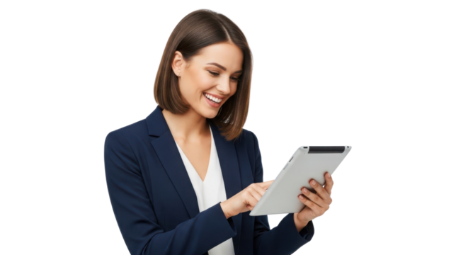 Professional woman smiling while working on a digital tablet computer isolated PNG with Transparent Background