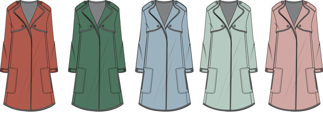 Set of three colored half-zip hooded sweatshirt technical flat sketches. Vector illustration template for fashion apparel design concept