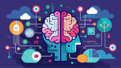 Obraz premium Abstract illustration of two human heads with a brain connected to data, charts, and circuits, symbolizing artificial intelligence, machine learning and digital thinking