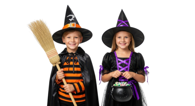 Smiling boy and girl wearing classic witch costumes ready for Halloween celebration isolated PNG with Transparent Background