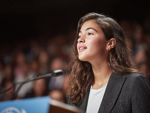 Confident young woman delivering a speech to a crowd, embodying leadership, empowerment, and public speaking. Perfect for illustrating success, motivation, and social impact.