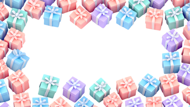 Pastel Gift Boxes Frame 3D Render with Colorful Presents for Celebrations and Special Occasions on Transparent