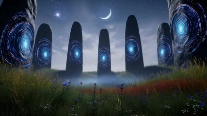 Ancient megalith stone circle with glowing blue orbs and crescent moon, misty field at night. Archaic portal landmark video. - Powered by Adobe