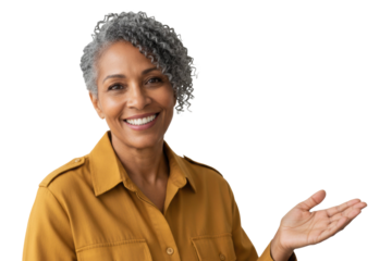 Confident, elegant senior African American businesswoman with a welcoming gesture in a professional setting., on transparent background