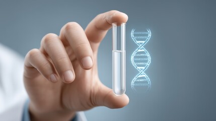 Scientist Holding Test Tube with Holographic Representation of DNA Structure for Innovative Genetic Research