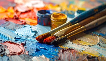 Fototapeta premium Artistic Palette Displaying Paint, Brushes, and Artistic Tools For Creative Endeavors