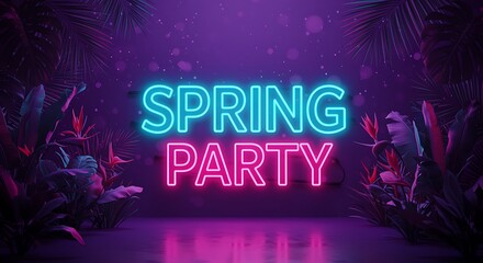 Spring Party neon sign among tropical plants at night background