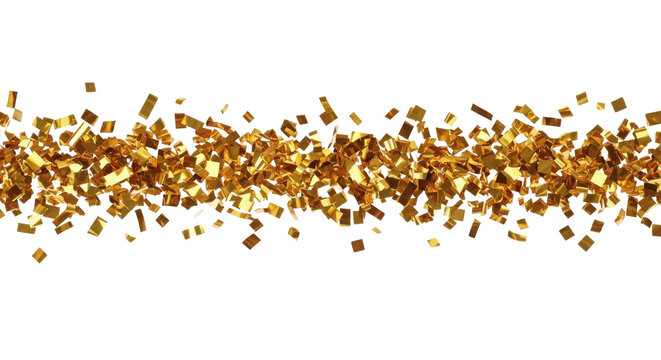 Scattered shining gold confetti border strip for luxury design, celebration advertising, and festive decoration isolated PNG with Transparent Background