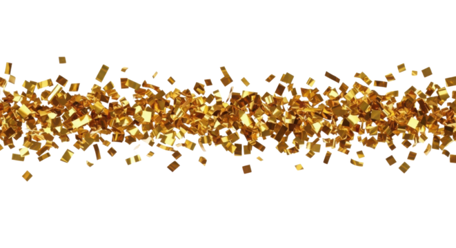 Scattered shining gold confetti border strip for luxury design, celebration advertising, and festive decoration isolated PNG with Transparent Background