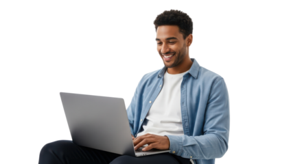 Smiling young man using modern laptop computer for remote work or digital communication. isolated PNG with Transparent Background