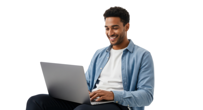 Smiling young man using modern laptop computer for remote work or digital communication. isolated PNG with Transparent Background