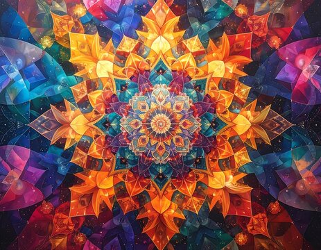 Abstract fractal-like floral kaleidoscope with warm oranges, reds, blues, purples, and greens