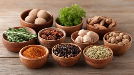 Assorted Herbs and Spices Displayed in Small Wooden Bowls on Rustic Wooden Table Providing a Rich Culinary Experience with Natural Ingredients