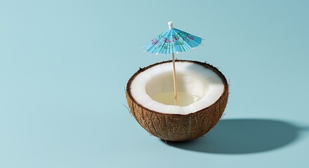 Tropical coconut cocktail with tiny umbrella on a light blue background