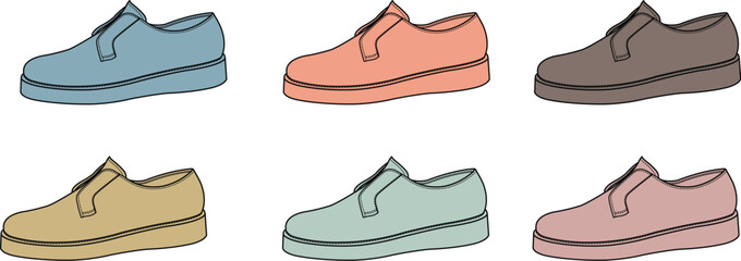 Collection of casual slip-on shoes in six different colors blue, coral, brown, tan, teal, and pink