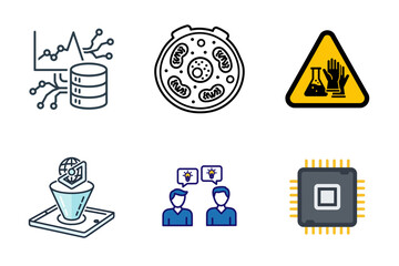 Collection of Science and Technology Icons: Data Analytics, Cellular Biology, Lab Safety, Brainstorming, and Microchip
