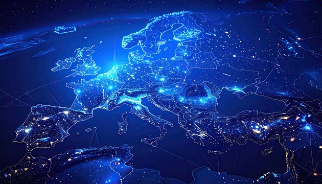 Europe illuminated by glowing digital network lights at night. - Powered by Adobe