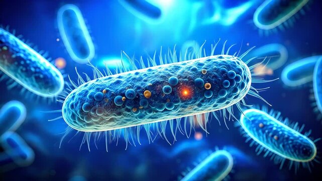 Detailed Microscopic View of Bacteria with Flagella and Cellular Structures.