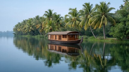 Fototapeta premium Tranquil Houseboat Anchored on Still Backwaters Surrounded by Lush Greenery in Alappuzha, Kerala, India