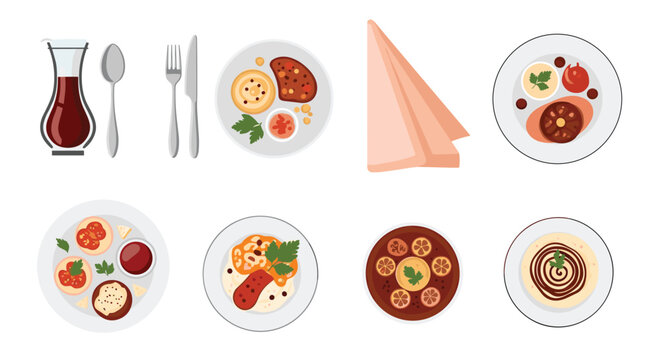 Various dishes and food items arranged neatly on plates with cutlery and a napkin.