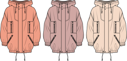 Modern oversized anorak jacket technical fashion flat illustration. Women's outerwear apparel design concept with a hood and utility pockets, shown in three color variations © Ishrat