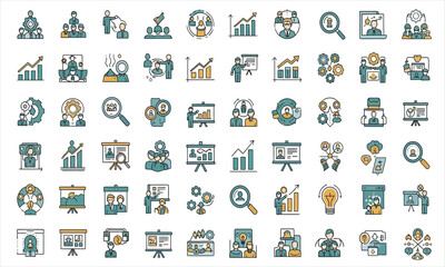 A comprehensive set of business management and human resources line icons, ideal for corporate presentations and data analysis projects