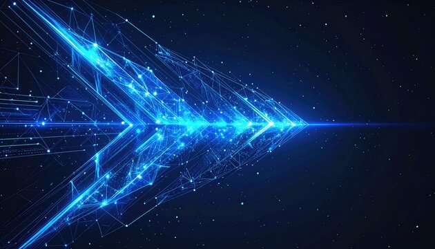 Abstract blue digital arrow glowing with light particles speed motion.