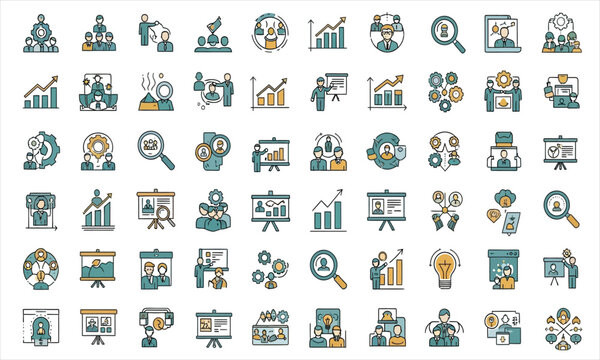 A comprehensive set of business management and human resources line icons, ideal for corporate presentations and data analysis projects