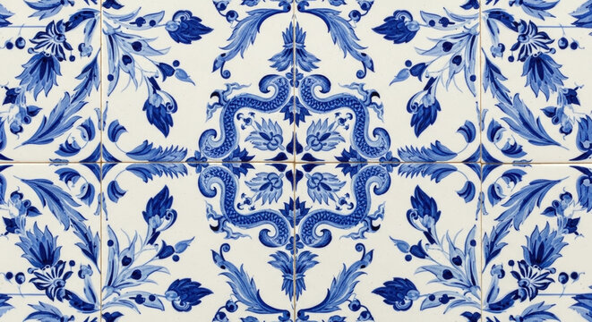 Blue and white ceramic tile texture with ornate floral pattern design