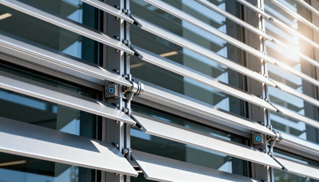 Medium shot featuring cuttingedge motorized aluminum brise soleil adapting to changing light conditions emphasizing smart control for energyefficient facades.
