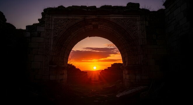 Sunset seen through a stone archway with intricate carvings and dark surroundings at twilight hour - Powered by Adobe
