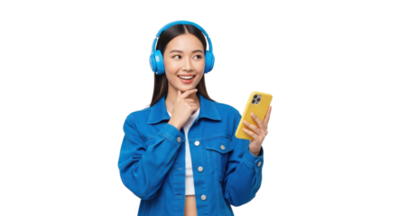 Happy young Asian woman listening to music using blue headphones and smartphone. isolated PNG with Transparent Background