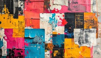 Fototapeta premium Abstract colorful layered urban collage features torn posters, splattered paint, vibrant rectangles, and newspaper textures, creating a dynamic contemporary street art background.