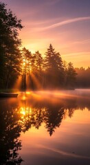 Sunrise over tranquil lake with trees and reflections, golden light.