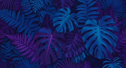 Tropical leaves in vibrant blue and purple tones creating a lush background