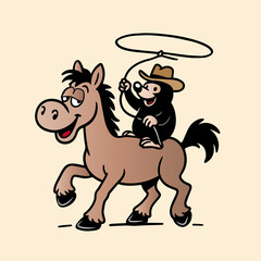 Fr&ouml;hliche Cartoon-Illustration eines Maulwurfs mit Cowboyhut und Lasso, der auf einem braunen Pferd reitet. Lustiges, dynamisches Motiv im Comicstil mit humorvollem Ausdruck und klaren Farben.