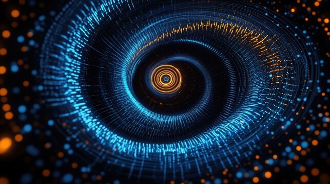 Abstract digital spiral tunnel with blue and orange lights