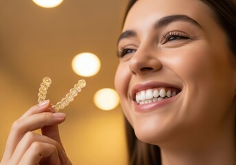 Smiling woman holds clear orthodontic aligners for teeth straightening treatment