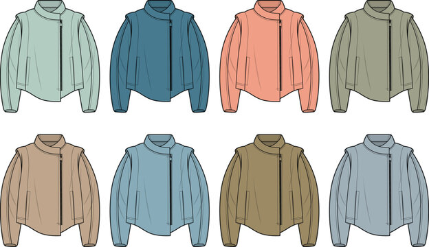 A collection of contemporary flat-design moto jackets presented in various vibrant and muted colors, ideal for fashion illustrations and apparel design resources