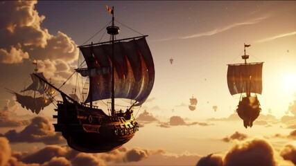 An orange sunset over the ocean silhouettes a sailing ship on the horizon - Powered by Adobe