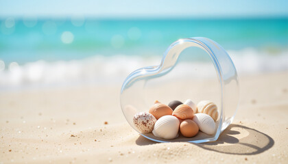 Heart-shaped glass container with seashells on sandy beach