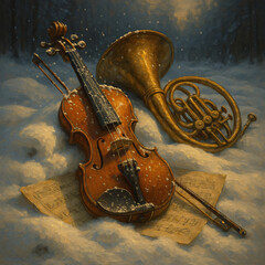 Golden Musical Instruments Vintage Still Life Snow Wallpaper | Winter Classical Music Art Background