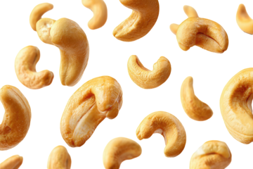 Cashew nuts scattered on a black background in various poses and positions, creating a sense of abundance and deliciousness